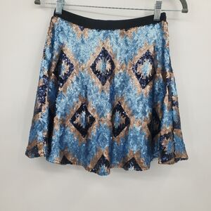 ♤♤ Lily White Sequin Harlequin Diamond Pattern Swing Skirt Blue and Gold Size XS